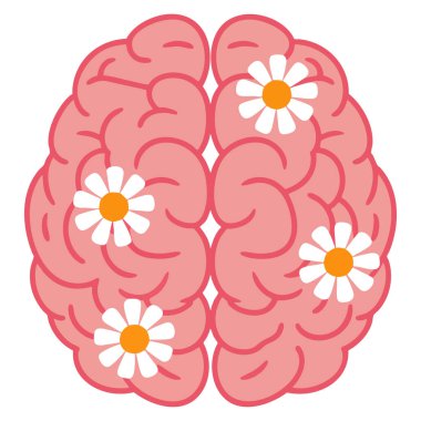 Pink brain with camomile flowers cartoon style hand drawn modern vector illustration concept of idea mind cognition and thinking isolated design element