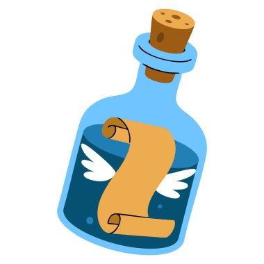 Sea pirate concept sticker with map of buried treasure and gold in glass bottle with cork colorful decorative element cartoon flat vector illustration