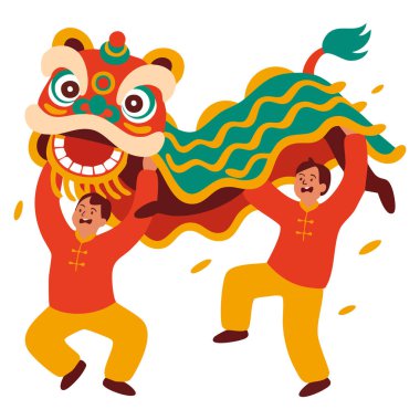 Red dragon character vector illustration on Chinese New Year background with lion dance suitable for holiday greeting card festival celebration artwork