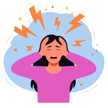 Vector illustration African American woman clutching head with migraine expression concept of stress fatigue tension pain and chronic health discomfort