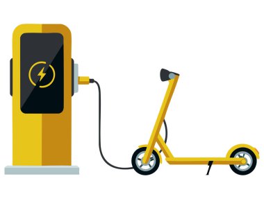 Vector illustration of electric scooter with battery charger isolated on white background ideal for ecological city transport charging station sustainable design