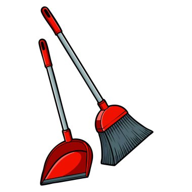 Vector illustration of red plastic broom and dustpan isolated on white background flat style suitable for cleaning service home hygiene or design artwork