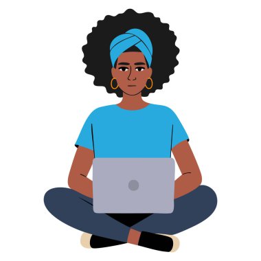 Young black woman with curly hair using laptop computer sitting in lotus pose crossed legs isolated on white background vector illustration design