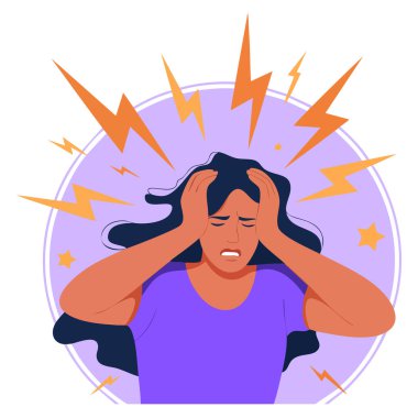 African American woman with morning migraine clutching head grimacing in pain colored vector illustration concept of stress fatigue and nervous tension