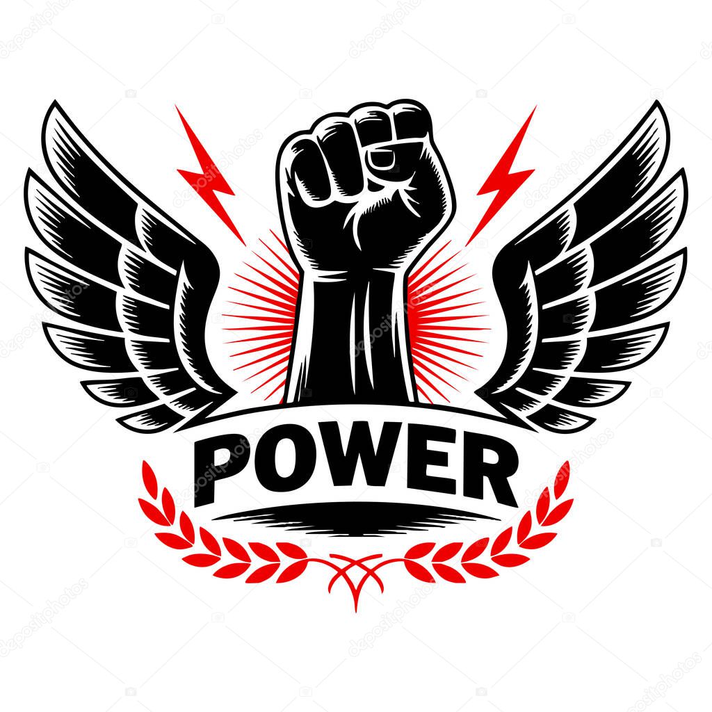 Raised strong clenched fist with lightning and wings logo boxing club abstract emblem vector illustration perfect for tattoo sports or strength themed design