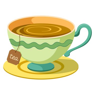 Beyaz zemin üzerinde fincan ve fincan tabağı tasviri izole edilmiş vektör çay mutfağı içeceği ya da kafe temalı yaratıcı sanat eserleri için mükemmel.