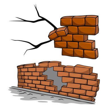 Yapı tasarımı için uygun beyaz arkaplan çiziminde çatlaklar olan izole tuğla duvar yapısı veya arka plan elementleri