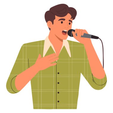 Klasik takım elbiseli erkek şarkıcı elleri ile mikrofon vektör illüstrasyonunda şarkı söyleyen kalbi gösteriyor düz sanat raster kopyası müzik eğlence afişi için mükemmel.