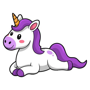 Mor tek boynuzlu at çizgi film çizimi beyaz arka planda izole edildi. Fantezi yaratığı için uygun çocuklar tuhaf yaratıcı illüstrasyonlar tasarladılar.