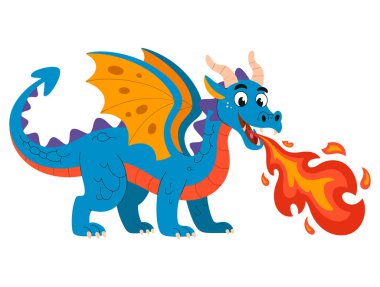 Mavi ejderha soluyan ateşin vektör çizimi fantezi yaratık çizgi film canavarı ya da efsanevi ejderha çizimleri için mükemmel tasarım.