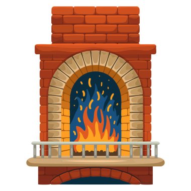 Şöminenin vektör çizimi ve şömine tasarımı etiketi kırmızı tuğlalar ve kil yakan yakacak odunlar ev konforu sıcaklığı ve rahat iç mekan temalı sanat eserleri için idealdir.