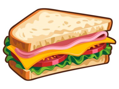 Beyaz zemin üzerinde izole edilmiş jambonlu peynirli sandviçlerin vektör çizimi öğle yemeği için ideal yemek çizimi ve yemek tasarımı kavramları