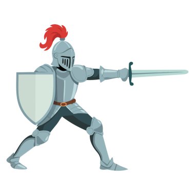 Zırhlı şövalye ortaçağ krallığı şövalyesi kılıç ve kalkan vektör ilüstrasyonuyla saldırıyor. Tarihi savaş fantezisi ya da oyun temalı görsel tasarım için ideal.