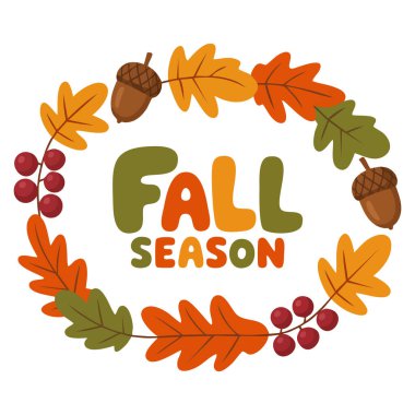 Sonbahar yaprakları meşe palamudu ve böğürtlen bırakır. Modern harf ve huş ağacından kavak yaprağı yaprakları, kızılcık üzümü ve yuvarlak sonbahar vektör baskısı gibi.