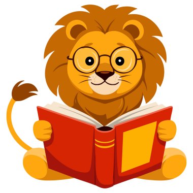Gözlük takan ve kitap vektörü illüstrasyonu okuyan sevimli aslan çizgi film karakteri çocuklara yönelik eğitici bilgiler veya poster için mükemmeldir.