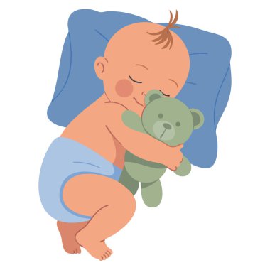 Bebek yatakta oyuncak ayı renkli karikatür vektör çizimi ile uyuyor. Bebek tasarımı, çocuk masalı ve bebek karakteri çizimleri için mükemmel.