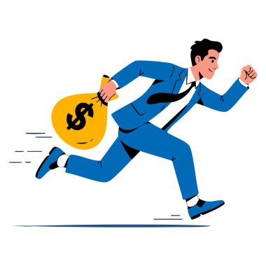 Banka soygunu konsepti, iş adamının siyah dolar işareti olan büyük bir para çantasıyla koştuğunu gösteriyor. Yolsuzluk ve dolandırıcılık temalı illüstrasyon tasarımı.