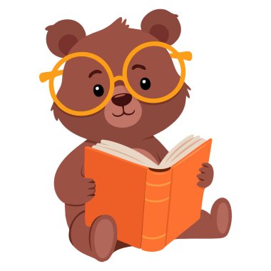 Gözlük takıp gülümseyen ayı karakteri eğitim için uygun kitap vektör çizimi okuyor eğlenceli hikaye kitapları öğrenen çocuklar ve hayvan temalı tasarımlar