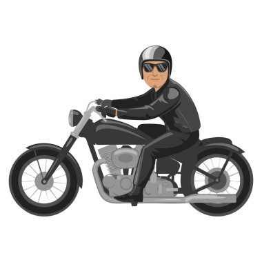 Motosikletli sakallı adam siyah deri elbiseli ve kasklı motosikletli adam helikopter vektör çizim tarzında çizim yapıyor.
