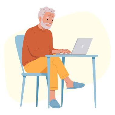 Dizüstü bilgisayar vektör ilüstrasyonunda çalışan sakallı kıdemli adam, yaşlıların teknoloji ve yaşam tarzı tasarımlarına uygun günlük aktivitelerini gösteriyor