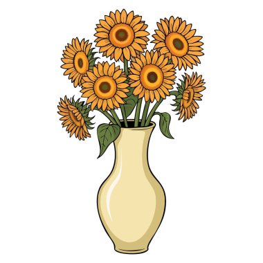 Dekorasyon ve iç dekorasyon için çiçek açan seramik vazodaki güzel ayçiçekleri ev dekorasyonu teması için ideal beyaz zemin üzerinde izole edilmiş vazolar.