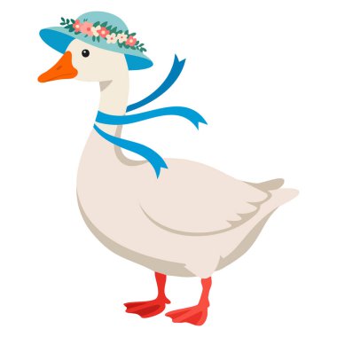 Güzel beyaz kaz çizgi film karakteri açık mavi zarif bir şapka giyiyor çiçek vektör çizimi hayvan tasarımı için mükemmel şenlik dekorasyonu ve sevimli sanat eserleri için.