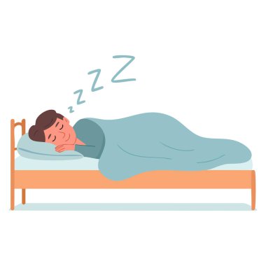 Güzel bir genç adam yatak odası yaşam tarzı ve sağlık temalı sanat eserleri için mükemmel bir yatak vektör çizimi ile uyuyor.