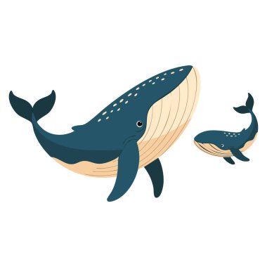 Yavru balina vektör düz çizim ile büyük balina tatlı deniz yaşamı sanat eserleri ve okyanus temalı karakter tasarımları için beyaz ideal izole