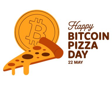 Bitcoin Pizza Günü vektör illüstrasyon posteri altın bitcoin ve pizza dilimi şablon arka plan pankartı 22 Mayıs önemli gün kutlaması