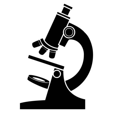 Siyah mikroskop ikonu vektör illüstrasyonu, profesyonel görseller için bilimsel araştırma laboratuvarı analizi ve tıbbi çalışma temalı tasarımı izole etti