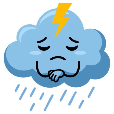 Huysuz suratlı mavi tüylü bulut ve kolları katlanmış yağmur damlası ve yıldırım vektör çizimi hava, fırtına, çizgi film ve şirin tasarımlar için mükemmel.