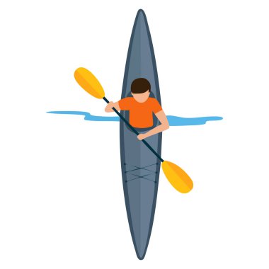Yukarıdan gelen mavi kano, bir adam ve raket vektör illüstrasyonuyla su sporları serisinin bir parçası. Düz stil tasarımı, kano tasarımı, dinlenme ve aktivite temaları için ideal.