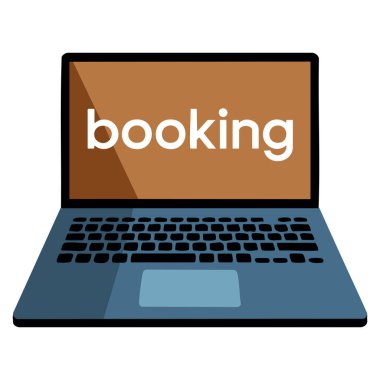 Otel odaları ya da biletler ikon vektör illüstrasyonunda seyahat rezervasyonu online rezervasyon ve konukseverlik temalı dizaynlar için uygun beyaz arka planda dizüstü bilgisayarı göstermek