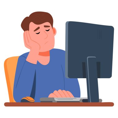 İşte sıkılmış adam bilgisayar vektör çizimi üzerinde çalışan tembel işadamı motivasyonsuz verimsiz yönetici ofis ve iş yeri temalı sanat eserleri için ideal