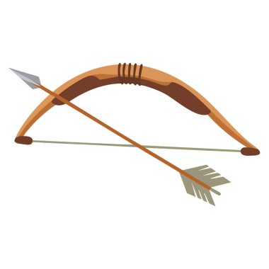 Tarihi silah tasarımı avlama teması veya retro okçuluk yaratıcı sanat çalışmaları için uygun beyaz arkaplan üzerindeki yay ve ok eski stil vektör çizimi