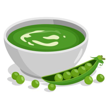 Bir kase bezelye çorbası illüstrasyonu. Beyaz arka planda izole edilmiş taze bezelyeler. Mutfak yemeği tarifi veya restoran temalı tasarımlar için mükemmel.