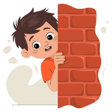 Tuğla duvarın arkasına saklanan çocuk ve röntgenci vektör çizimi okul eğlencesi ve merak temalı tasarımlar için mükemmel.