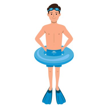 Şişirilebilir lastik halka vektör illüstrasyon seyahat ve tatil konsepti ile ayakta duran çocuk yaz tatili eğlence karikatür tarzı ve eğlenceli aktivite tasarımları için mükemmel
