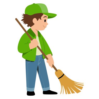 Açık havada parlak renkli bir süpürgesi olan çocuk beyaz arka planda izole edilmiş basit düz vektör çizimi çocuk aktivitesi ve temizlik temalı tasarımlar için mükemmel.