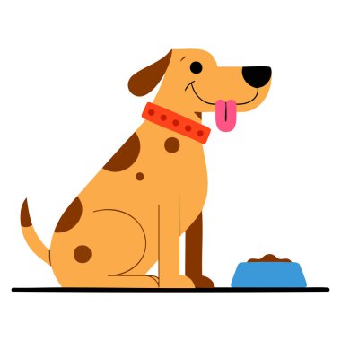 Kahverengi evcil köpek köpek, köpek maması çizim çizimi ile beslenmeyi bekliyor. Hayvan duyguları, hayvan bakımı, beslenme, bahçe ya da ev tasarımları için mükemmel.