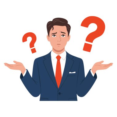 İş adamının kafası karışık. Düşünen adam vektör illüstrasyonunu sorgulamak iş kararları için mükemmel. Strateji ve konsept grafikleri yapmak için.