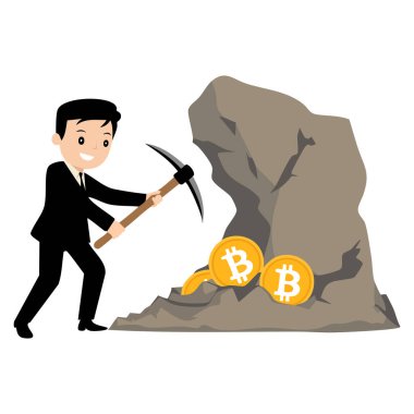 Siyah takım elbiseli bir iş adamı. Mayın vektör illüstrasyonundan bitcoin çıkarıyor. Kripto para birimi ve dijital para konsepti düz biçimde