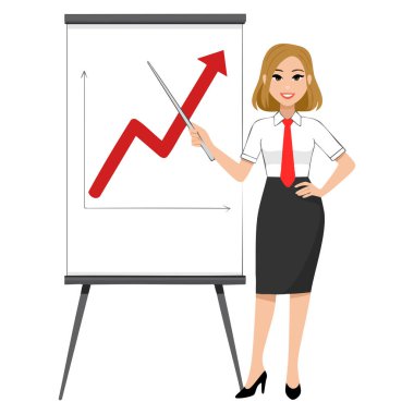 İş kadını, ofis sunumu için ideal sopa vektör illüstrasyonunu kullanarak istatistik sunar. Veri analizi iş dünyası ve kurumsal temalar öğretmek için ideal