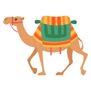 Dizgin ve eyer vektör illüstrasyonlu deve yükü taşıyan iki kambur çöl hayvanı çöl manzaralı yolculuk macerası ve vahşi yaşam temaları için mükemmel.