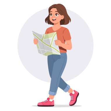 Gezinti macerası veya eğitim temalı sanat eserleri için vektör illüstrasyonunun mükemmel yolunu bulmak için haritaya bakan kadın çizgi film karakteri tasarımı