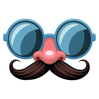 Çizgi film düz vektör illüstrasyon gözlüğü konsepti bıyıklı ve burunlu tatil festivali maskeli bej arka plan eğlence tasarımı