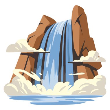 Çizgi film nehri şelalesi taze doğal kaynak suyu izole vektör çizimi seyahat broşürü çocuk kitabı veya mobil oyun tasarımı öğesi için mükemmeldir