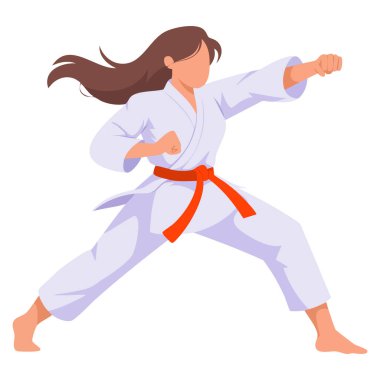 Çizgi film stili kadın karate dövüşçüsü beyaz kimono vektör çizimi spor, dövüş ve Japon temalı sanat eserleri için dövüş sanatı sergiliyor.