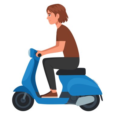 Scooter 'a binen genç bir kadının karikatür stili çizimi motosiklet sürüşü gelişigüzel şehir yaşam tarzı ulaşımı ya da karakter temalı tasarımlar için mükemmeldir.