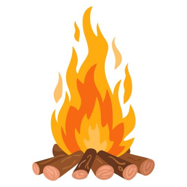 Açık hava piknik kampı macera ormanı ya da sıcak ateş temalı tasarım için ideal ahşap yakan şenlik ateşinin çizgi film vektör çizimi